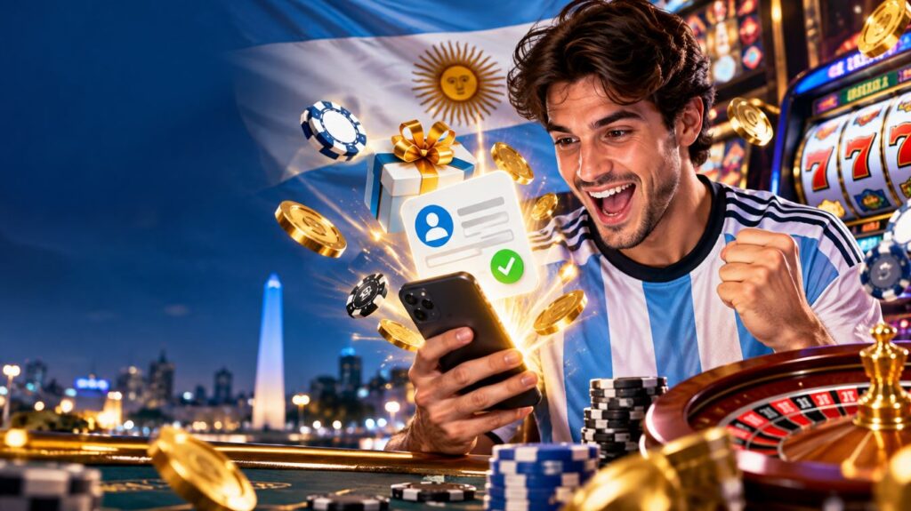 bono por registro de casino Argentina 2026 con jugador usando celular, promoción de casino online, giros gratis, monedas y regalo de bienvenida