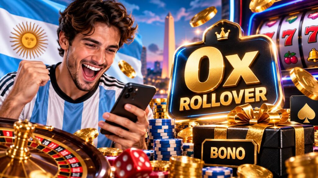 bonos de casino sin rollover Argentina 2026 con promoción 0x, bono, jugador celebrando y casino online con tragamonedas y ruleta