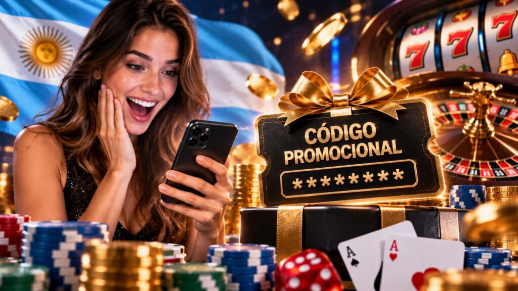 código promocional de casino Argentina 2026 con bonos, ofertas, giros gratis y jugador usando celular frente a un casino online