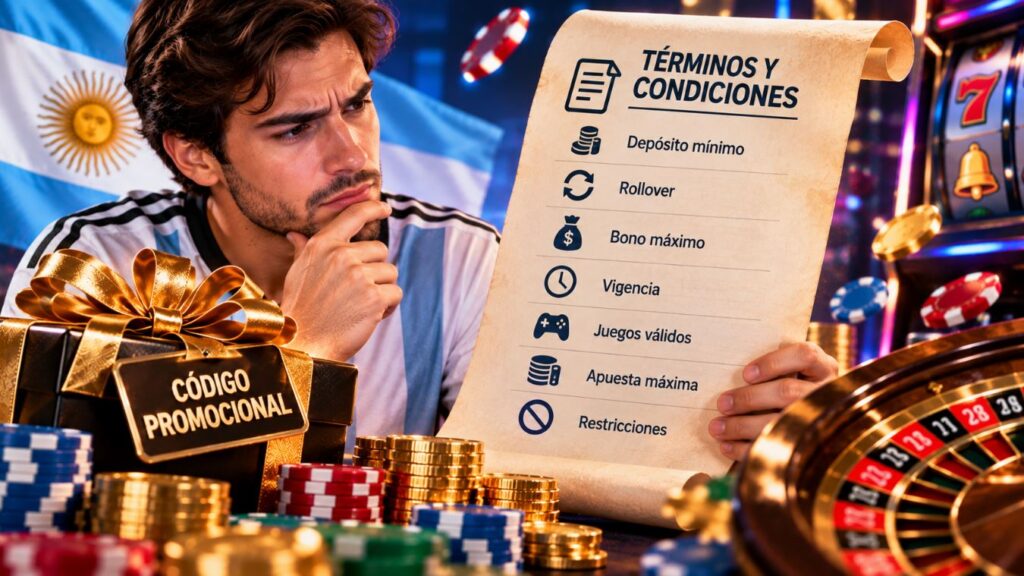 condiciones de los códigos promocionales de casino con rollover, depósito mínimo, bono máximo, vigencia, juegos válidos y restricciones en Argentina