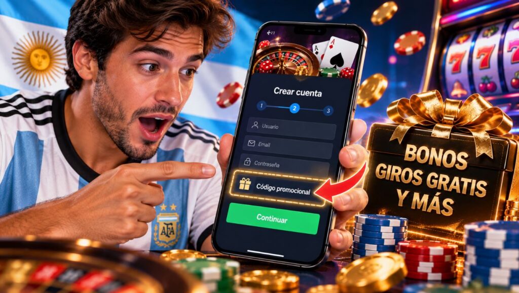 dónde introducir el código promocional del casino online en Argentina, campo de código en registro, bonos y giros gratis
