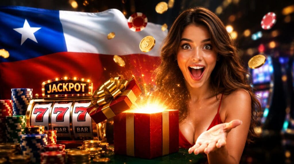 Casino con bonos sin depósito en Chile con caja de regalo, tragamonedas, fichas y monedas doradas que representan los mejores bonos gratis para nuevos jugadores en 2026.