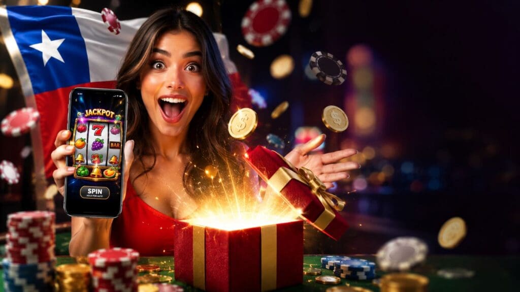 Casino con bonos sin depósito en Chile con regalo promocional, tragamonedas, monedas y fichas de casino representando los mejores bonos gratis para nuevos jugadores.