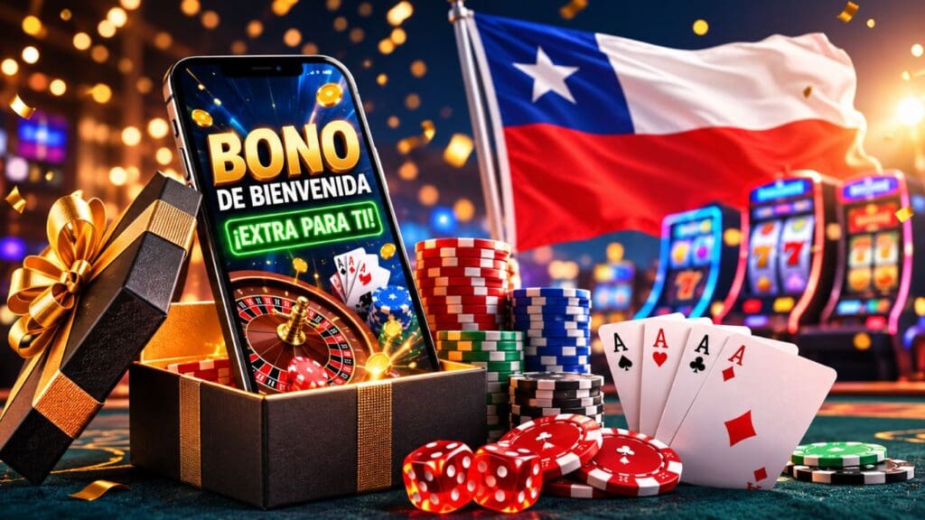 Checklist de condiciones para reclamar Bonos de bienvenida casino con fichas, dados y un regalo promocional de casino online.