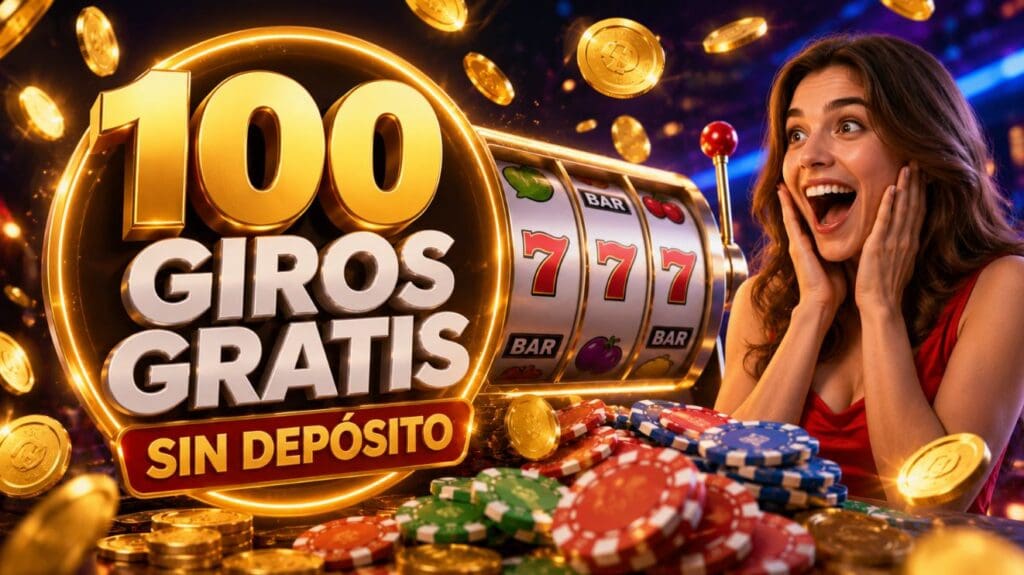 100 giros gratis en casino online con tragamonedas, fichas y monedas doradas representando una promoción de giros gratis