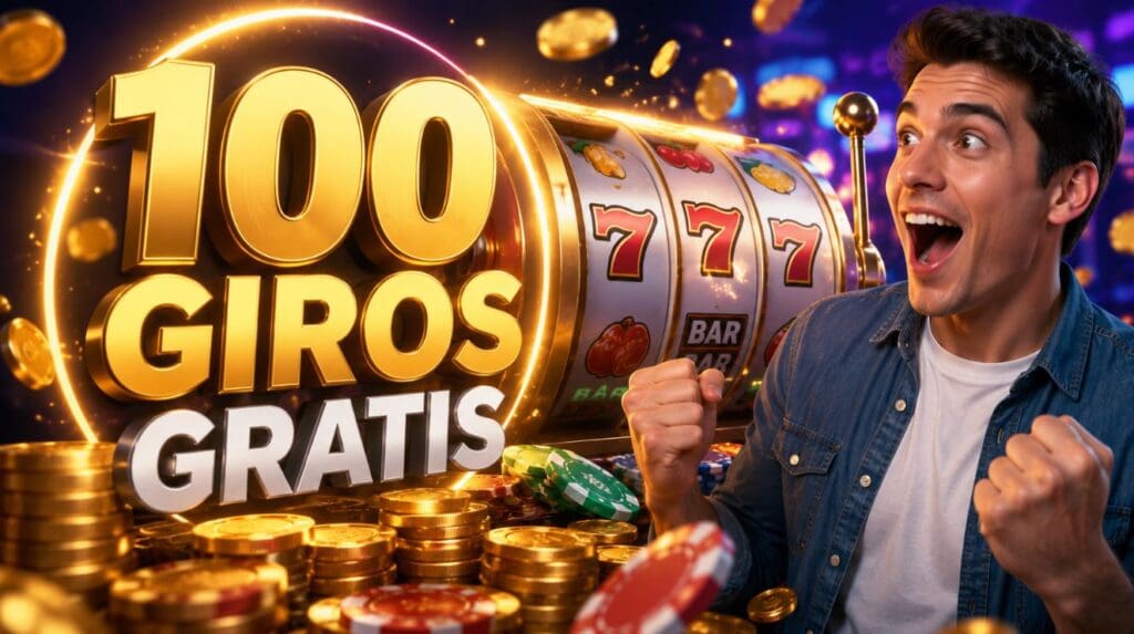 100 giros gratis sin depósito en casino online con tragamonedas, monedas y fichas de casino en un diseño promocional llamativo