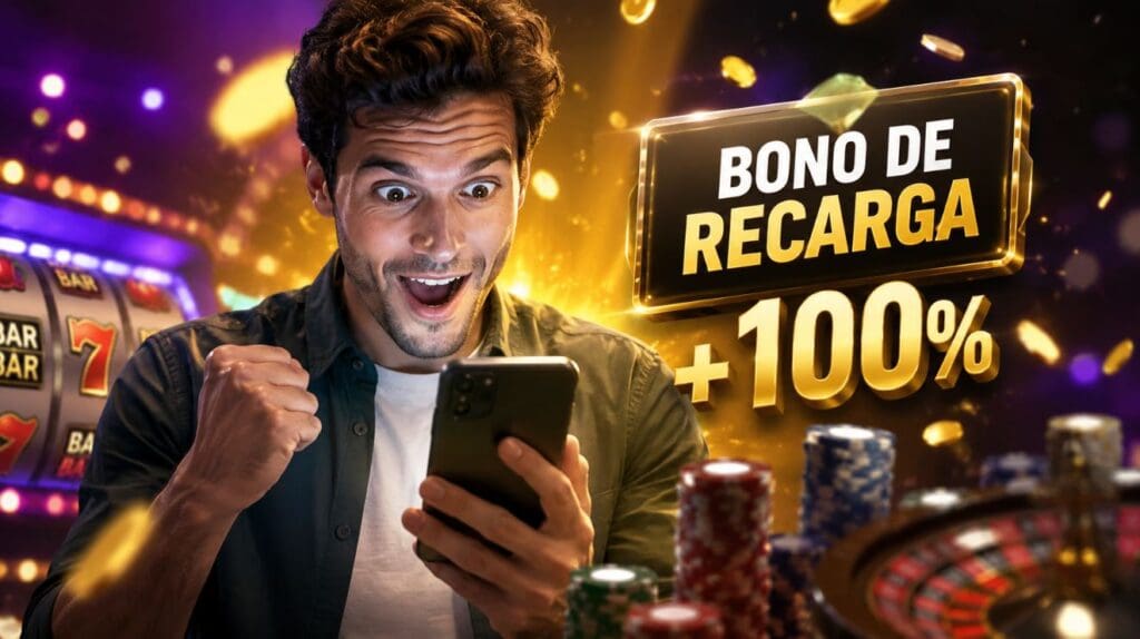 Bono de recarga casino jugador revisando las condiciones de un bono antes de depositar en un casino online de Chile