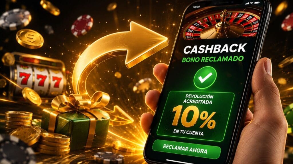 Cashback Casino bono de reembolso reclamado desde un casino online con devolución del 10%, monedas, fichas y tragamonedas en un diseño promocional.