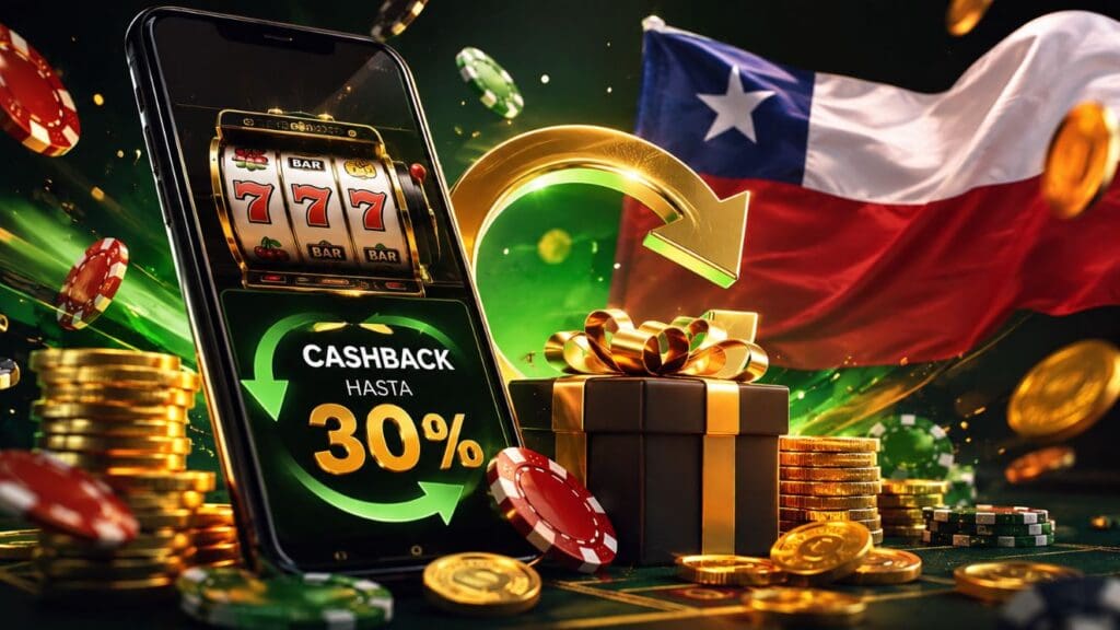Cashback Casino jugador reclama un bono de reembolso desde un casino online con devolución de saldo, fichas y monedas en primer plano