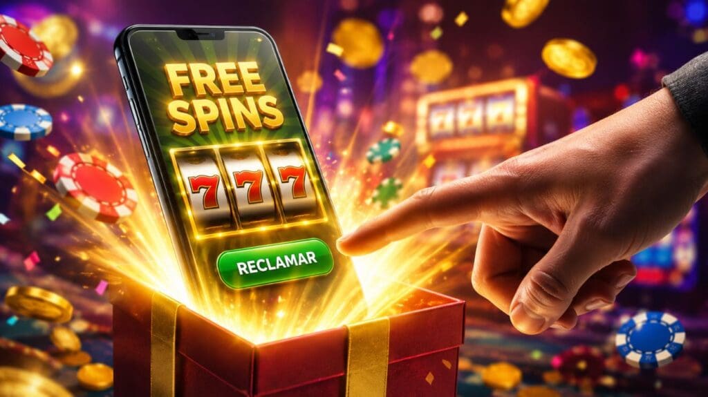 Casinos con giros gratis Chile jugador reclamando un bono de free spins en un casino online desde su celular