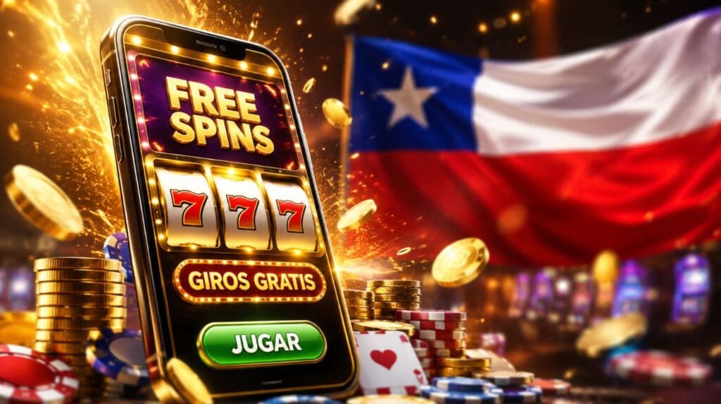 Casinos con giros gratis Chile usuario reclamando un bono de free spins desde un casino online