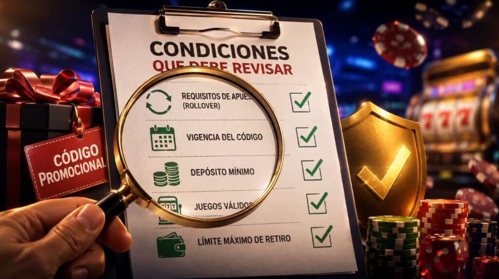 Código promocional casino con lista de condiciones, lupa y elementos de casino que muestran los requisitos para activar un bono en Chile