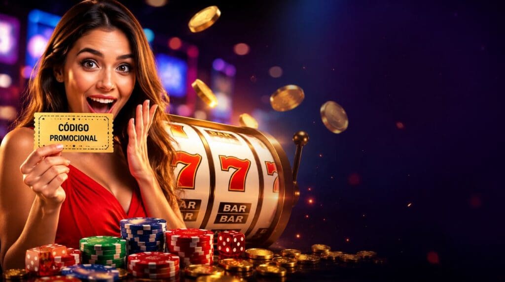 Código promocional casino con ticket promocional, tragamonedas y fichas de casino en un entorno de juego online en Chile