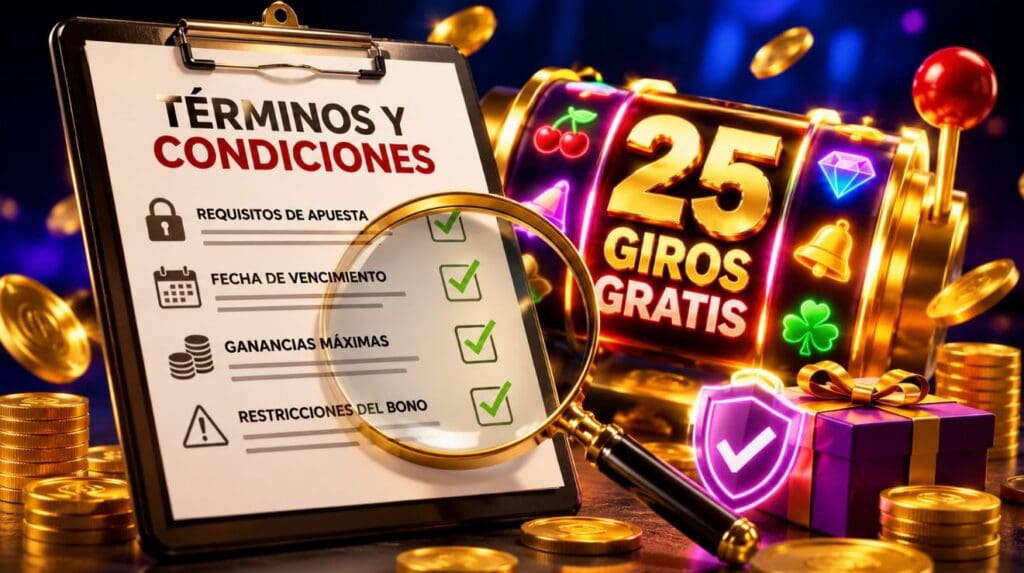 Términos y condiciones de 25 giros gratis sin depósito en un casino online con tragamonedas, lupa, monedas y lista de requisitos del bono