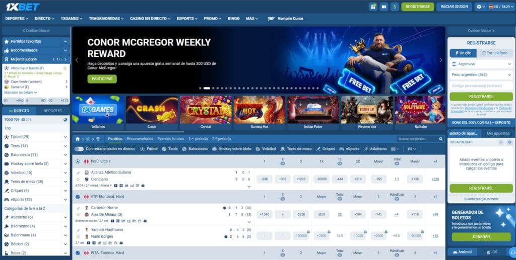 Reseña de 1xBet COLOMBIA interfaz principal de la casa de apuestas con apuestas deportivas, casino online y registro de usuarios