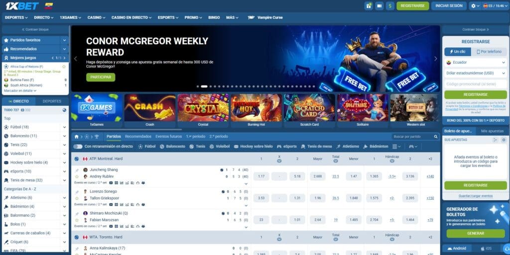 Reseña de 1xBet Ecuador interfaz de la plataforma de apuestas deportivas y casino online