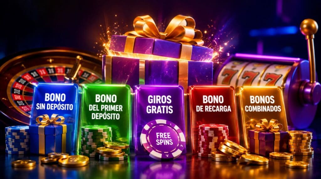 Casinos con bonos de bienvenida gratis con diferentes promociones para nuevos jugadores, incluyendo bono sin depósito, bono del primer depósito, giros gratis y bonos combinados