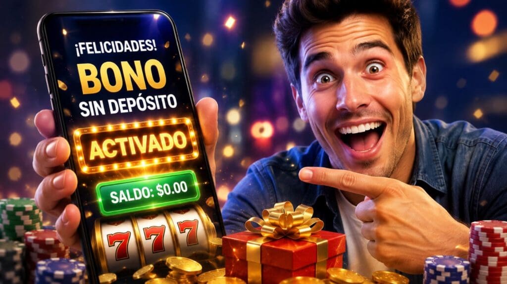 Casinos con bonos sin depósito con usuario celebrando un bono gratis en un casino online, giros gratis, saldo promocional y tragamonedas en un teléfono móvil