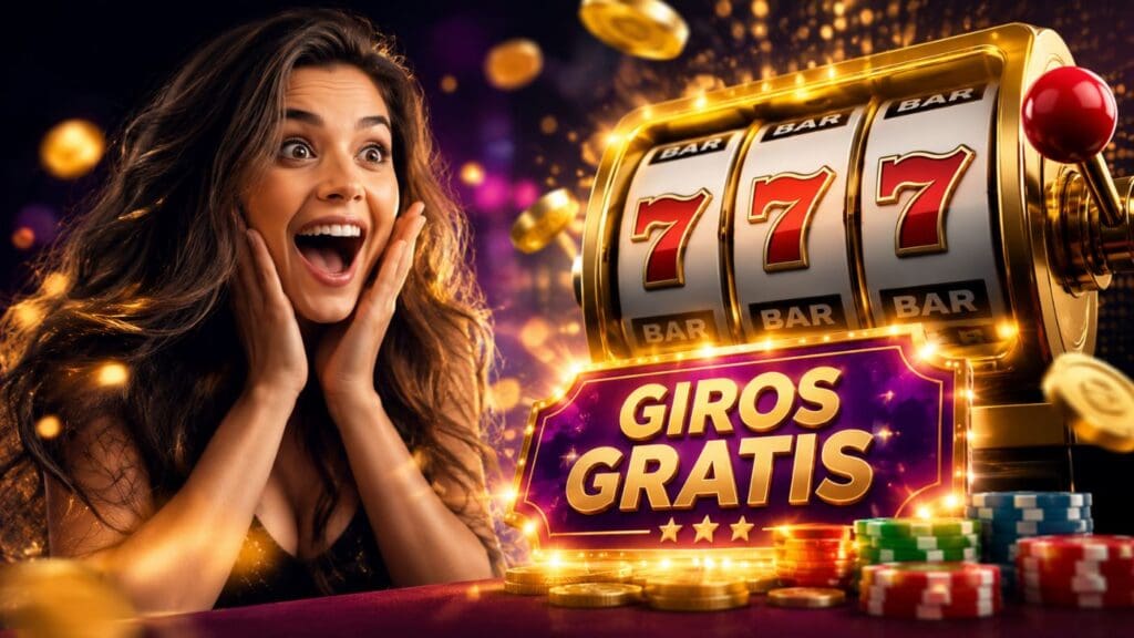 Casinos con giros gratis usuario revisando las condiciones de un bono de free spins frente a una tragamonedas en un casino online