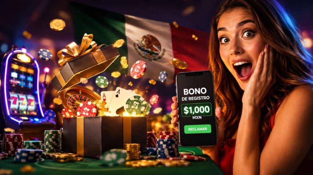 Casinos con bono por registro en México con diferentes tipos de bonos como giros gratis, bono sin depósito, apuestas gratis y bono de bienvenida