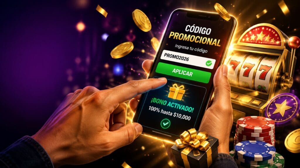 Código promocional casino en un celular con bono activado, fichas, monedas y tragamonedas que representan promociones para nuevos jugadores en México.