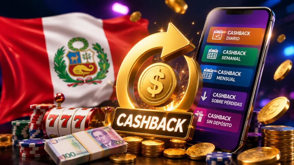 Casinos con bono cashback en Perú con opciones de reembolso diario, semanal y mensual, representadas en un teléfono junto a monedas, fichas y tragamonedas