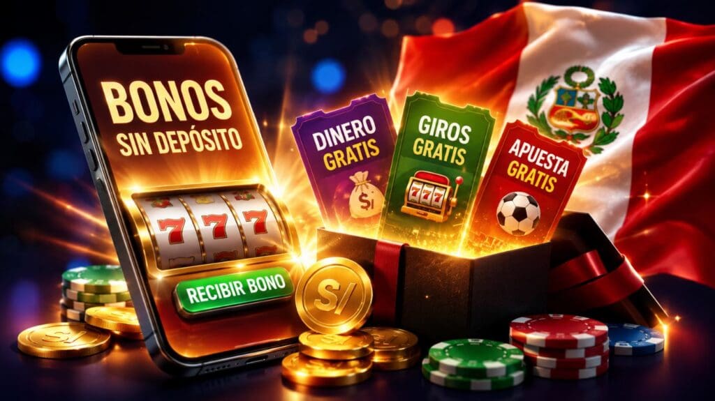 Casinos con bono de bienvenida sin depósito en Perú, con bonos gratis, giros gratis y apuestas gratis mostrados en un celular junto a monedas y fichas de casino
