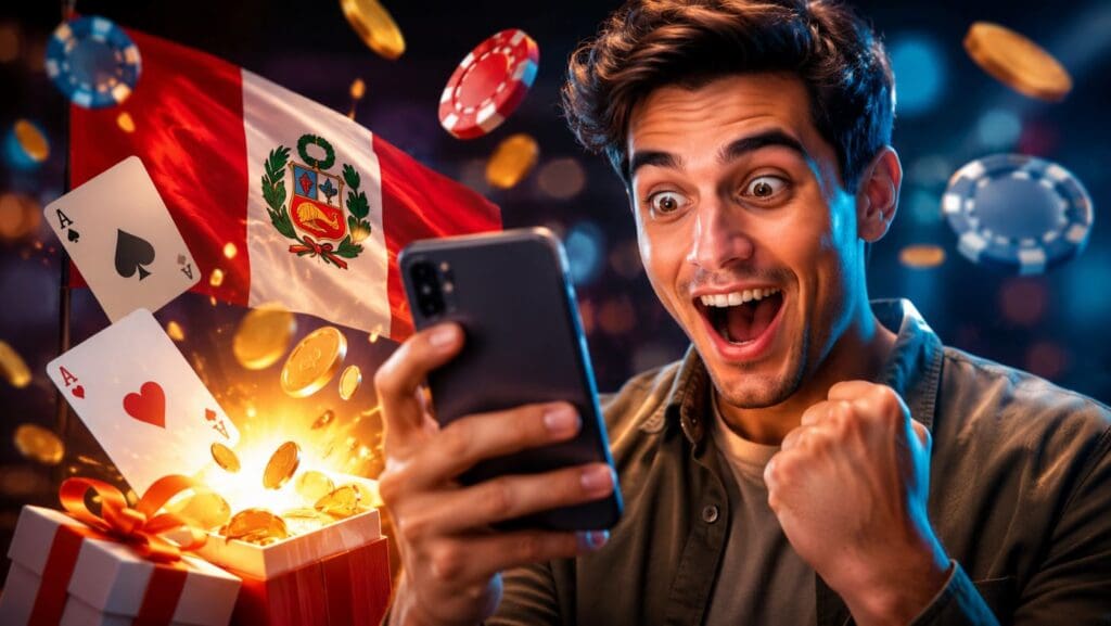 Casinos con bono de bienvenida sin depósito en Perú, con jugador sorprendido usando su celular frente a un casino online y premios gratis