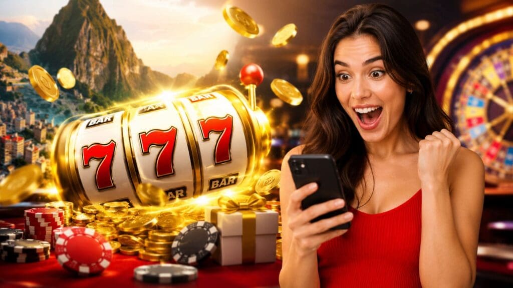 Casinos con tiradas gratis en Perú con tragamonedas de premios, fichas de casino y jugadora usando su celular