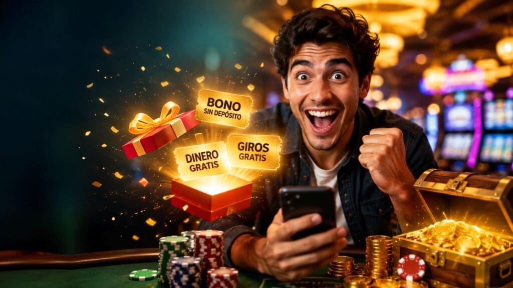 Hombre sorprendido celebrando frente a un bono sin depósito, giros gratis, dinero y fichas de casino, representando casinos con bonos de bienvenida gratis en Perú
