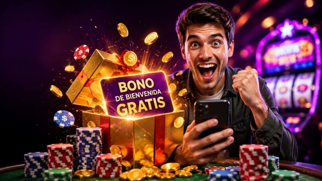 Hombre sorprendido celebrando frente a un regalo dorado con un bono de bienvenida gratis, monedas y fichas de casino, representando casinos con bonos de bienvenida gratis en Perú.