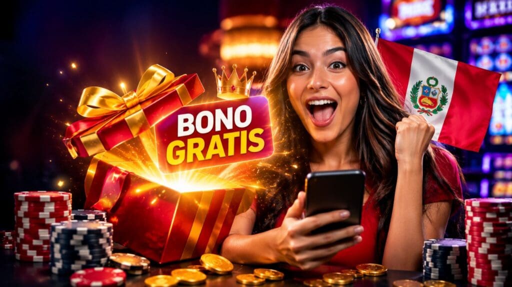 Mujer sorprendida celebrando junto a un bono gratis, fichas de casino y bandera de Perú, representando los mejores casinos con bonos de bienvenida gratis en Perú.